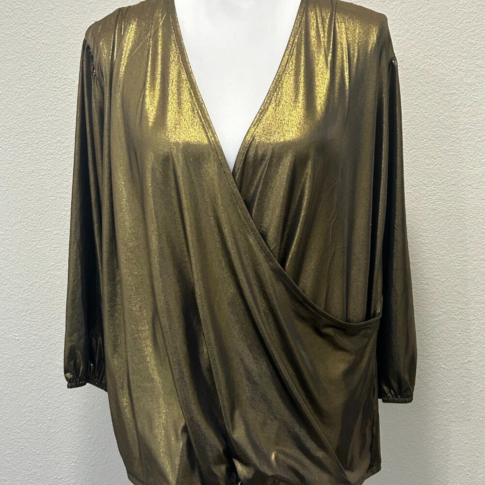Cooper and Ella metallic gold deep v-neck wrap blouse, lightweight, 1X